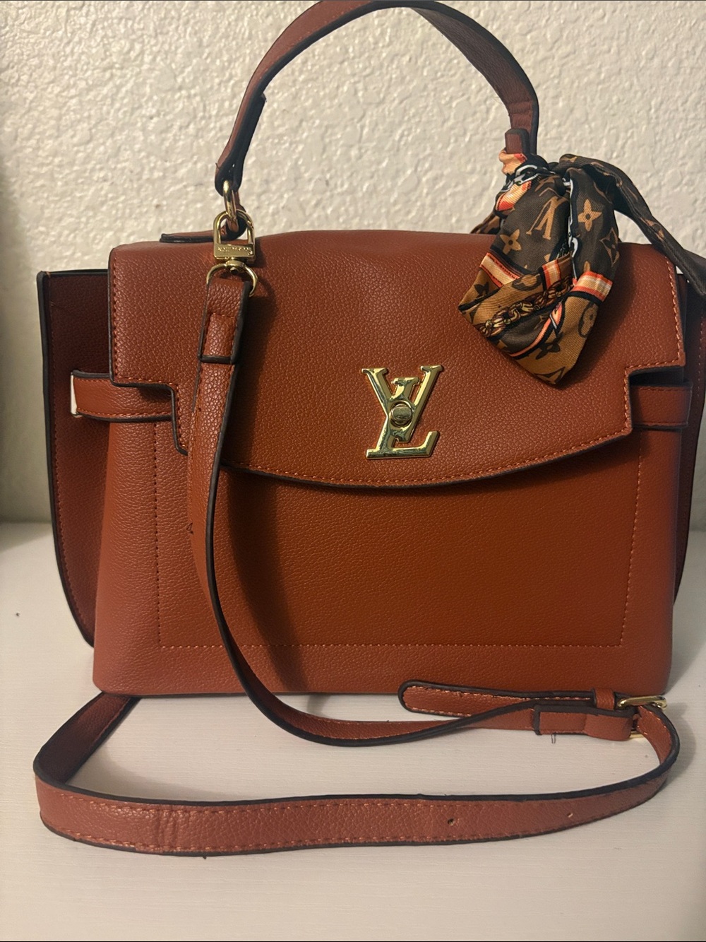 Women’s Brown Top-Handle Leather Satchel with Gold Logo